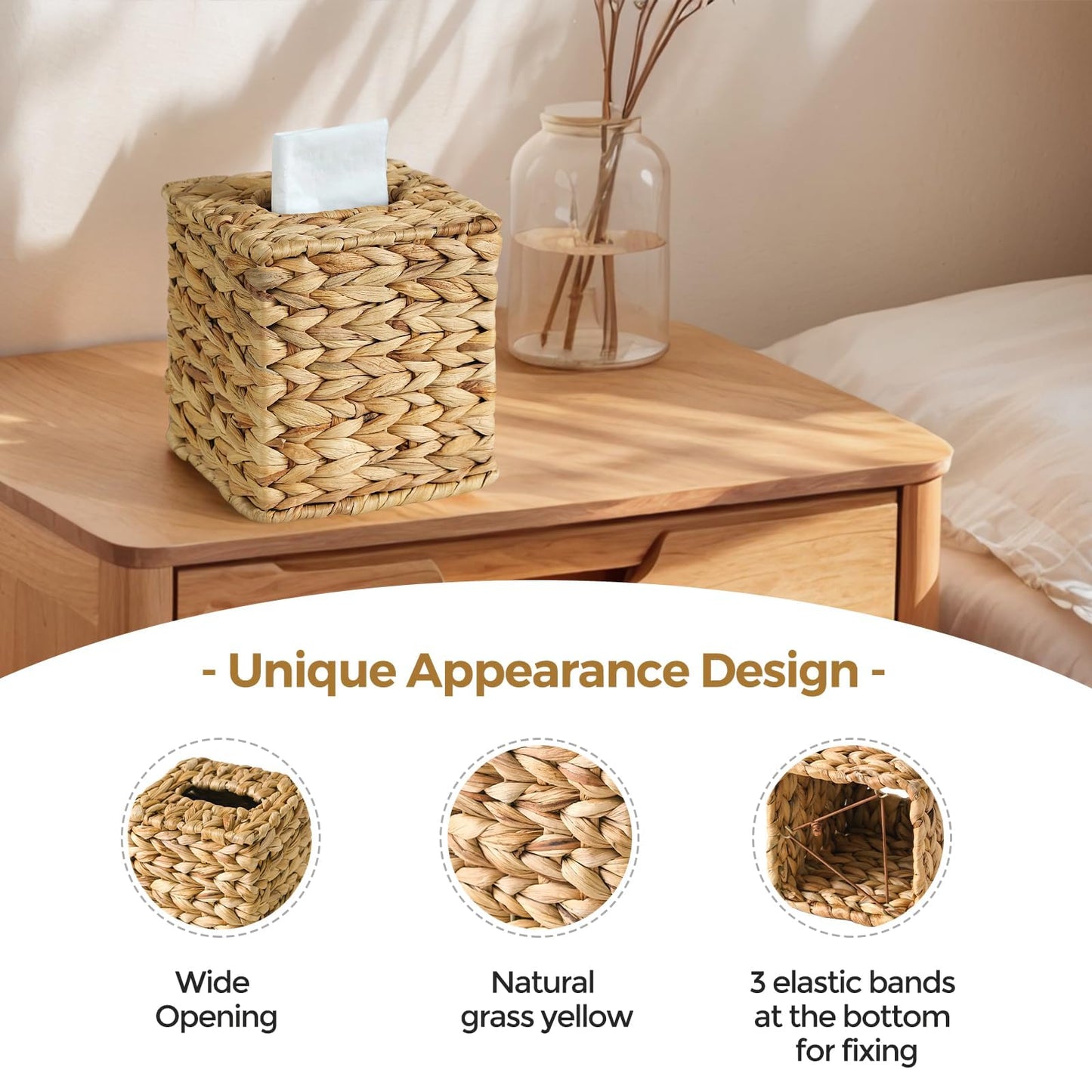 KALEKAIL Wicker Tissue Box Cover, Rattan Tissue Box Holder Square, Boho Decorative Woven Water Hyacinth Cube Tissue Holders for Bathroom Living Room Kitchen