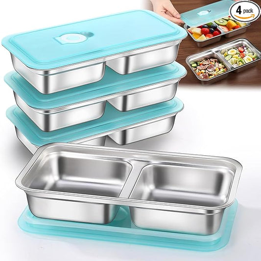 Dobyusf 4-Pack Stainless Steel Snack Containers with Silicone Lids - Dual-Compartment Breathable Food Storage, BPA-Free Reusable Container Set for Office, Travel, On-the-Go Lifestyle