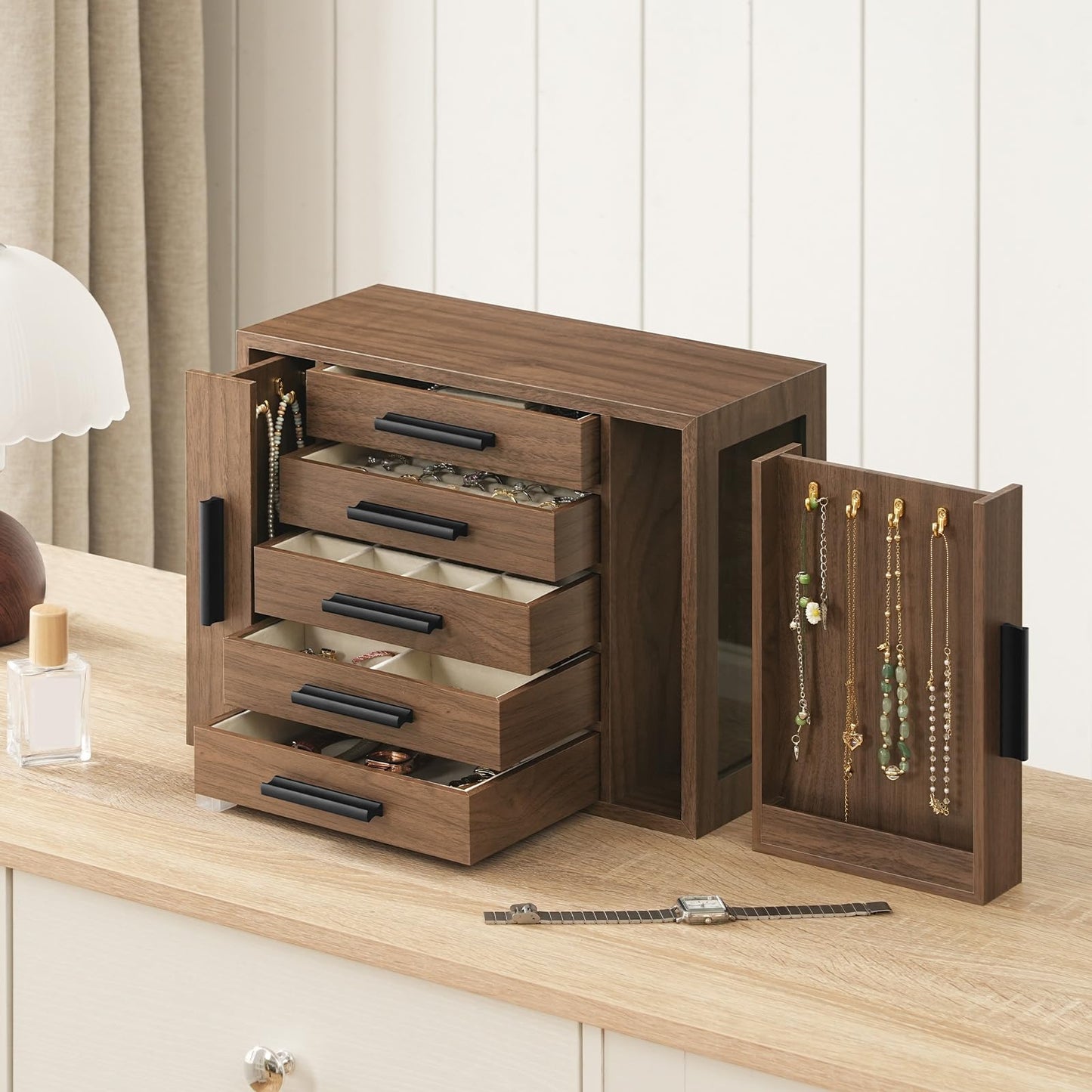 HOOBRO 5-Tier Jewelry Box, Wooden Jewelry Organizer with Transparent Windows, Jewelry Storage Box with 2 Vertical Drawers, for Earring, Necklace, Bracelet, Ring, Watch, Walnut and Black BH19JB04