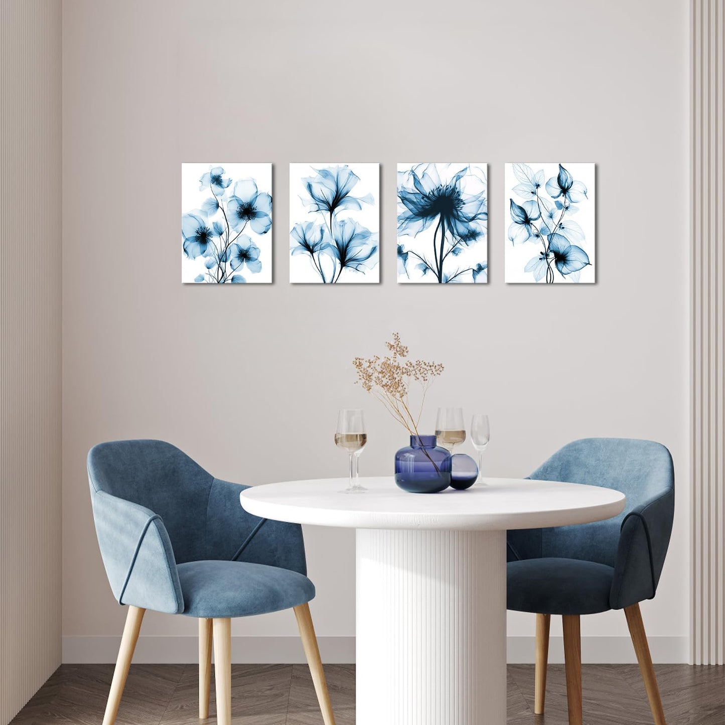 KREATIVE ARTS Blue Flickering Flower Canvas Wall Art - Modern Abstract Paintings, 4 Pcs, 12x16 Each, Graceful Floral Pictures, Gallery Wrapped for Living Room, Bedroom, Office Home Decor