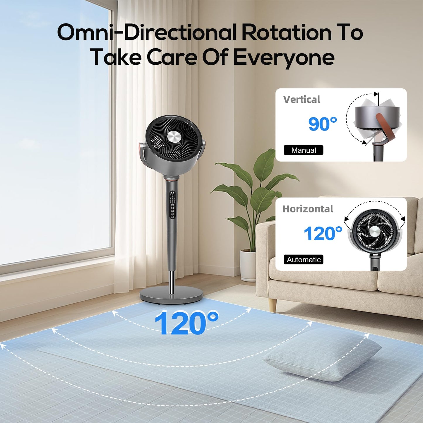 hykolity Large Fan for Bedroom, 120° Oscillating Standing Fan, 85ft Air Circulator With Remote, DC Motor Quiet Floor Fans, 90° Manual Vertical, 12 Speeds, 5 Modes, 12H Timer