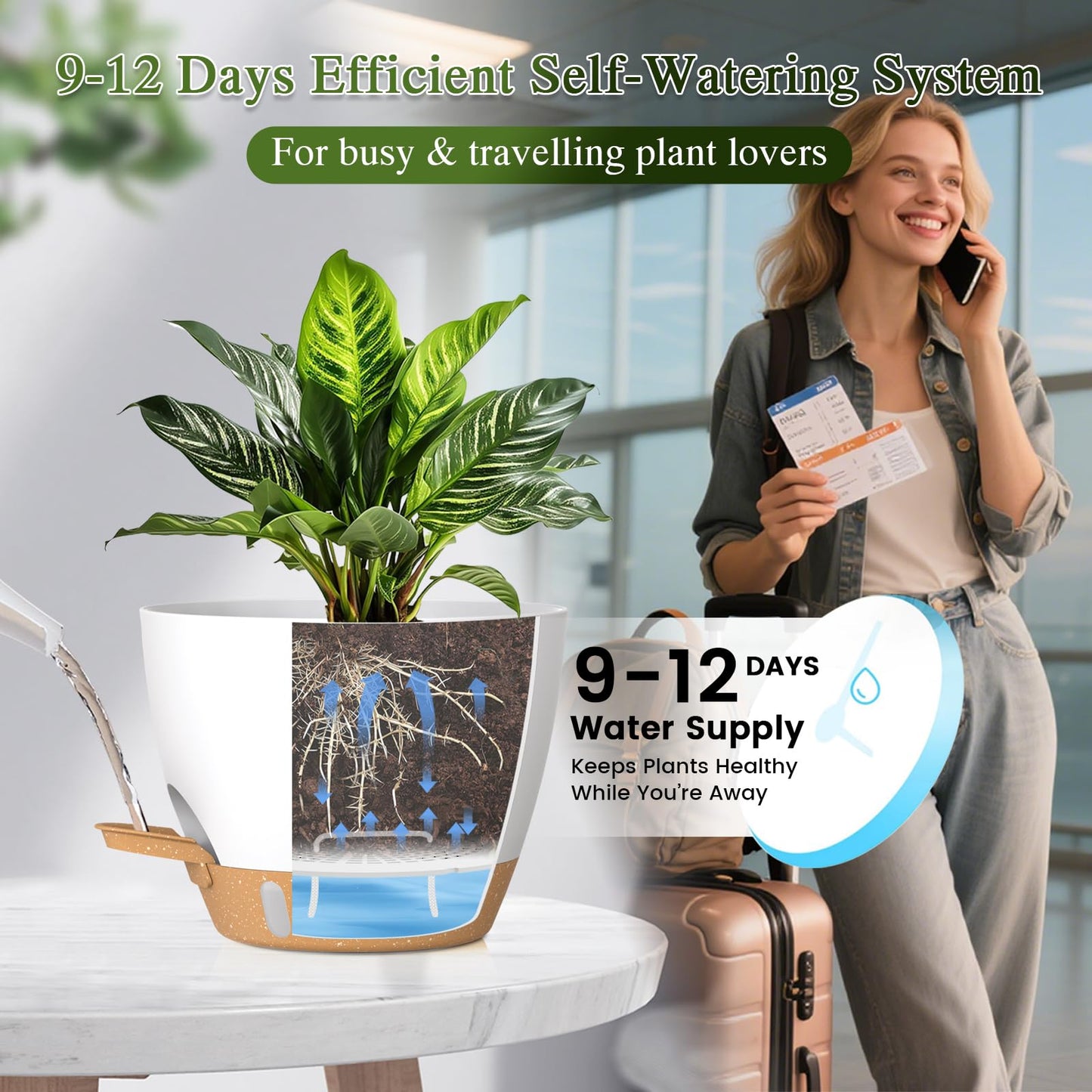 KUGAZ Plant Pots, 1 Pack 12 Inch Self Watering Pots with Drainage Holes, Water Level Indicator Deep Reservoir, Large Planters for Indoor Outdoor Plants - White Brown