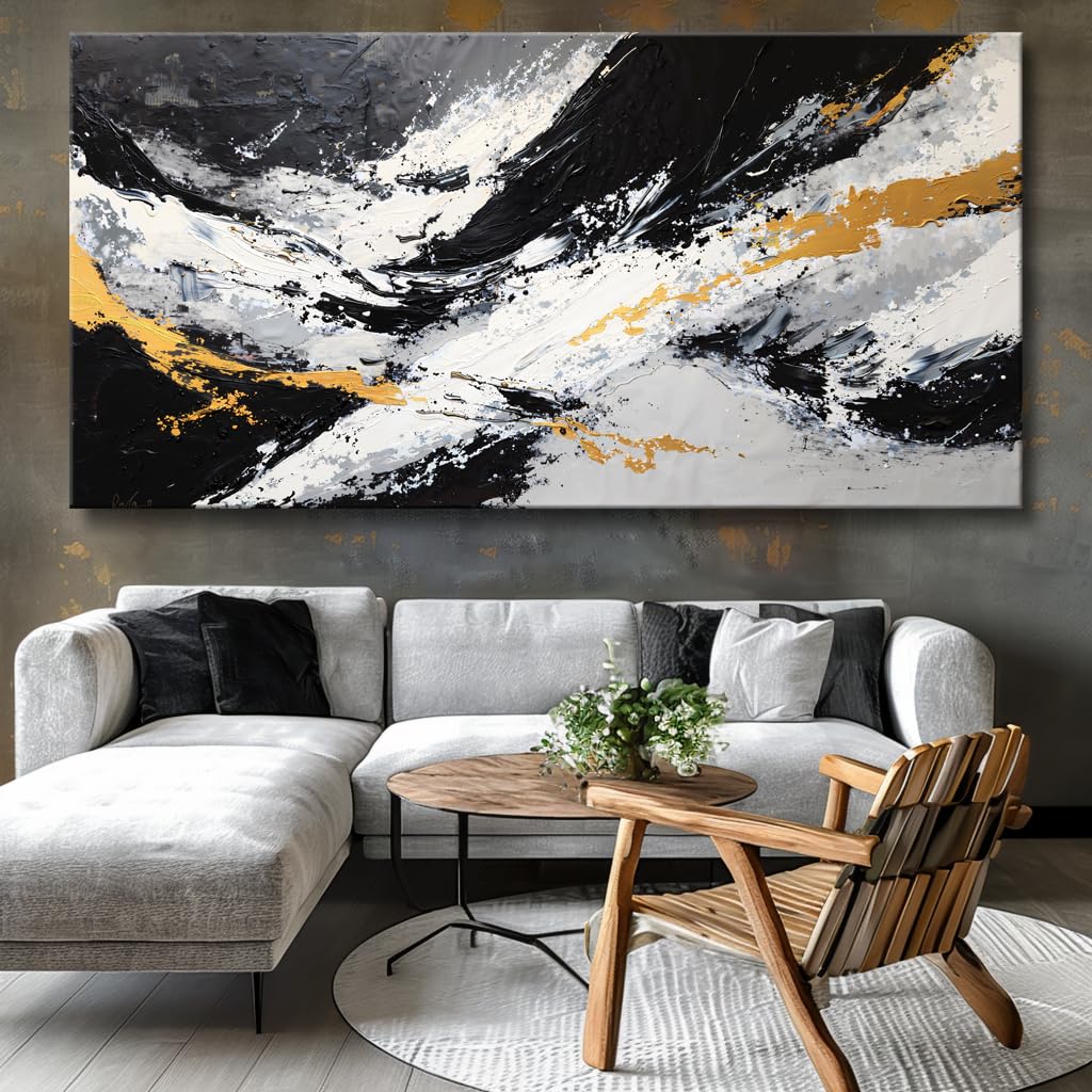 Large Abstract Black and Gold Ink Splatter Wall Art Stylish Framed Canvas Print for Living Room, Bedroom, Dining Room, and Home Office Modern Ready to Hang Home Decor - 20"x40"