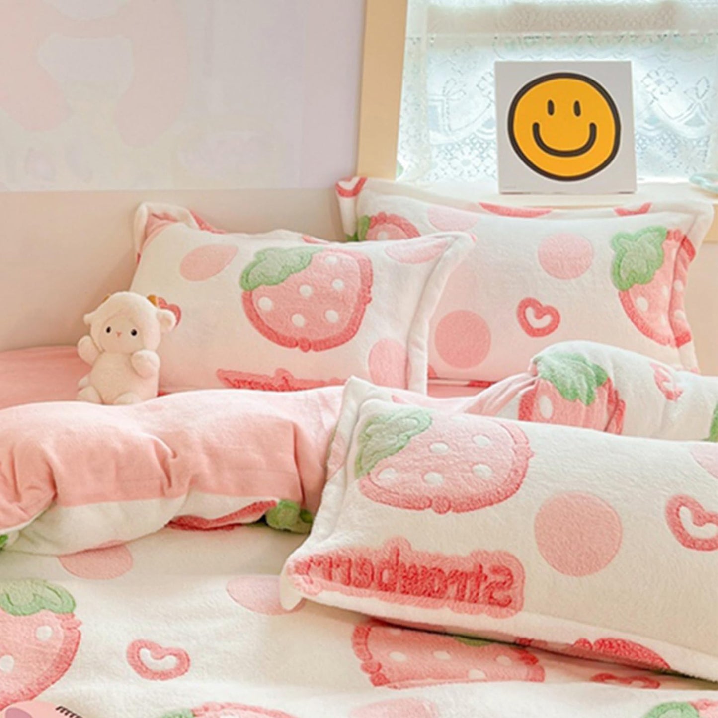 MorroMorn Decorative Pillows Covers Pink Kawaii, 2 Packs Plush Pillow Cases Standard Size, Soft Throw Pillowcase Cushion Shams with Zipper Closure Girls Room Decor (Pink Strawberry, Standard)