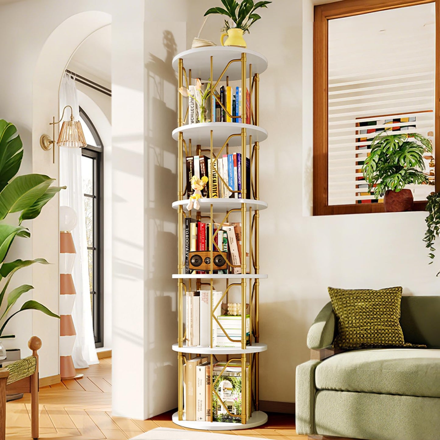 5 Tier Rotating Bookshelf Tower, Revolving Bookcase, 360° Round Spinning Book Shelf, Narrow Swivel Bookshelves Vertical Turning Corner Bookshelf Organizer for Bedroom, Living Room, Gold & White