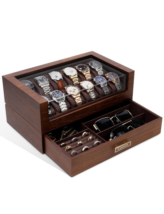 High End Watch Box for Men, 12 Slot Wooden Watch Case With Drawer, Watch Display Box with Glass Lid, 2-Layer Watch Holder for Jewelry and Watch Storage for Men Women , Ideal for Gift (With Gift Box)