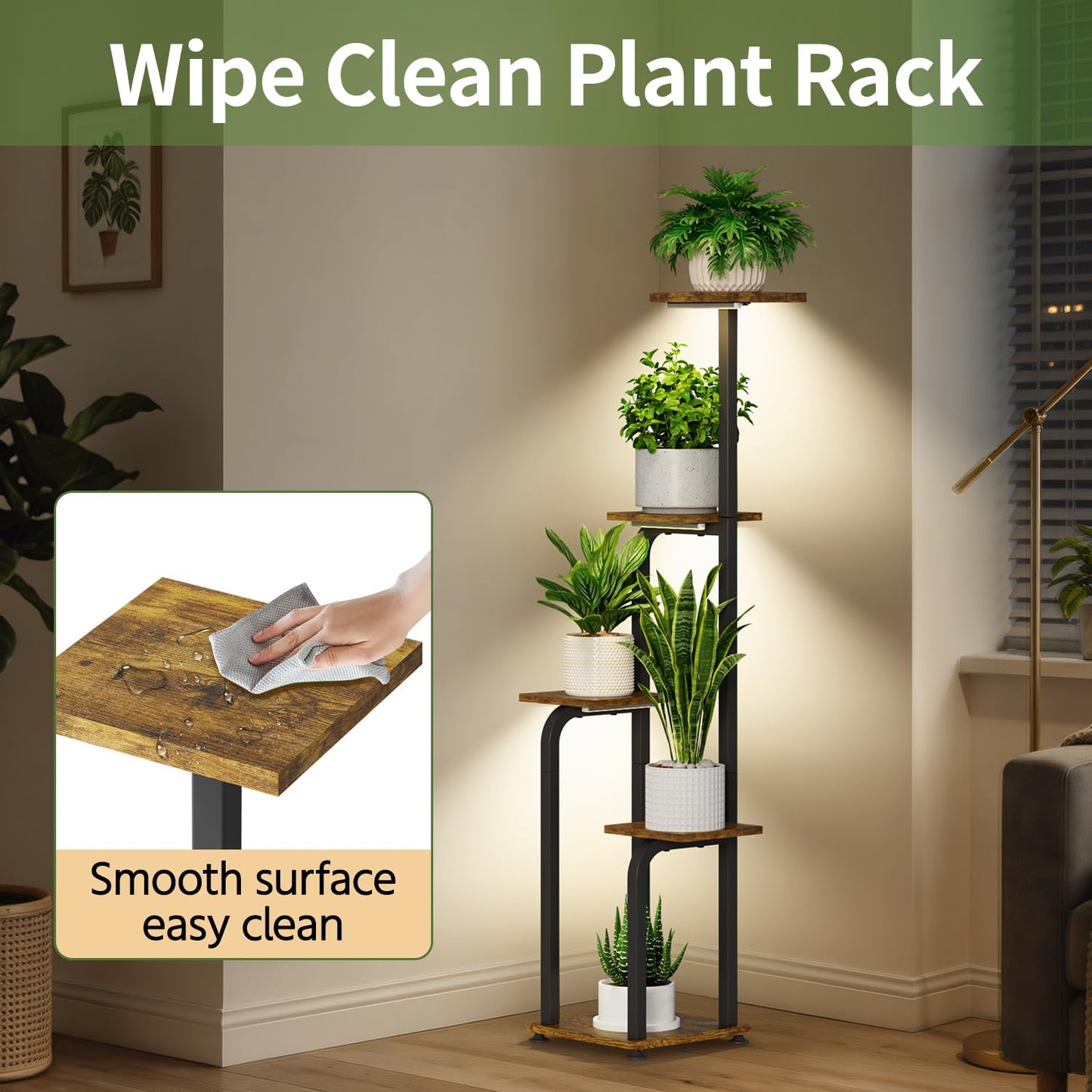 LASZOLA 5 Tiered Plant Stand Tall for Indoor Corner with Grow Lights, Modern Multiple Flower Display Rack with Wooden Tray, Vertical Planter Shelf for Living Room Bedroom Patio Garden Balcony, Black