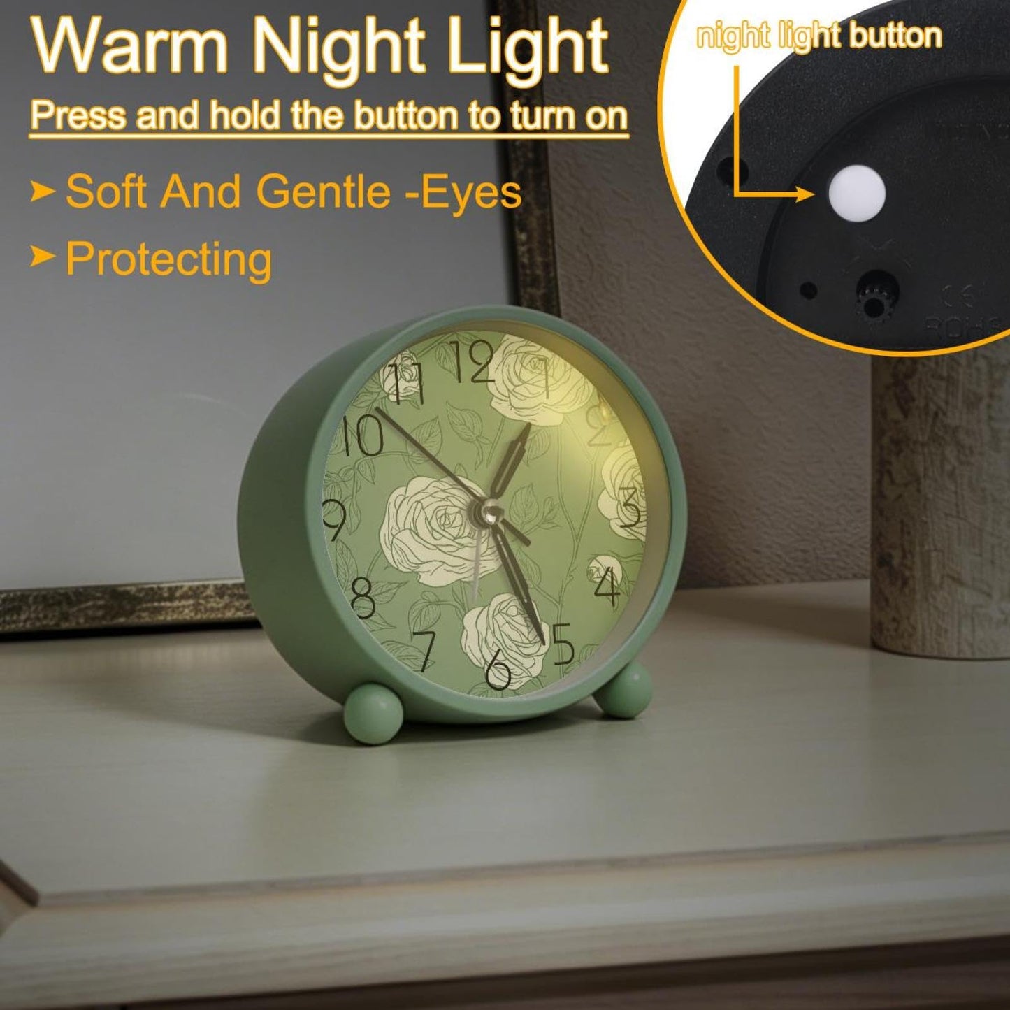 IROLSKDNFH 4.3" Analog Alarm Clock, Silent Non Ticking Table Clock with Light, Battery Operated for Living Room Bedroom Bedside Decor, Line Art Roses Sage Green Background