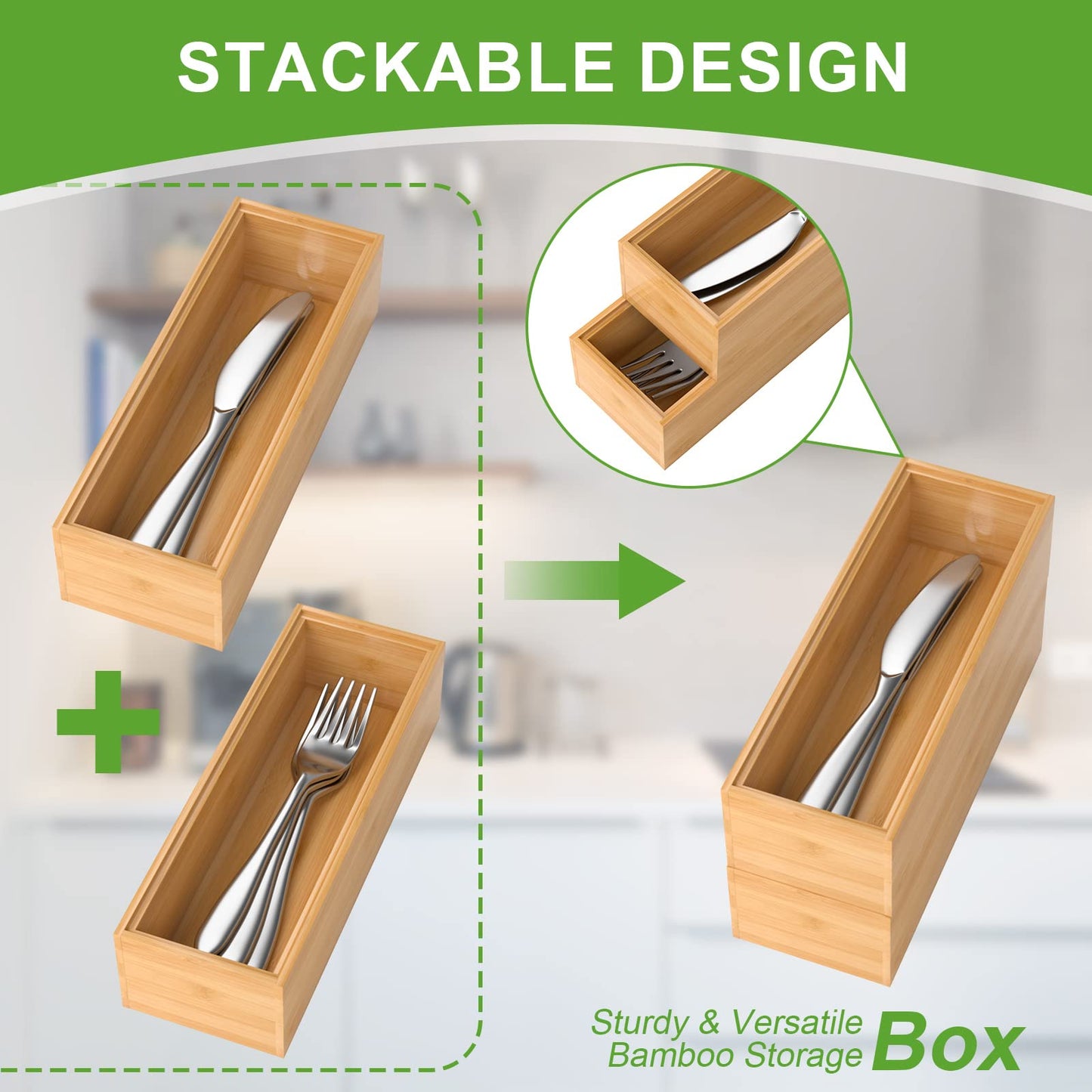 Lixple Bamboo Drawer Organizer – Set of 2 Stackable Storage Boxes, Silverware Tray & Small Gadget Holder for Kitchen Drawers, 9" x 3" x 2" (Outer), 8.3" x 2.3" x 1.77" (Inner)
