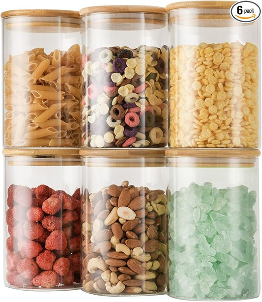 D2scrma 32oz Straight Cylindrical Airtight Storage Containers with Bamboo Lids Set of 6, Round Stackable Canisters, Food Jars, Pantry Organizers for Sugar, Cookies and Coffee beans (with Black Lable)