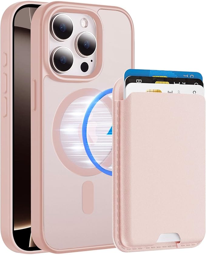 Ntwinro Magnetic for iPhone 15 Pro Case (Compatible with MagSafe) with Detachable Wallet & Card Holder for 3 Cards [RFID Blocking] Military Grade Protective Slim Phone Cover, Pink