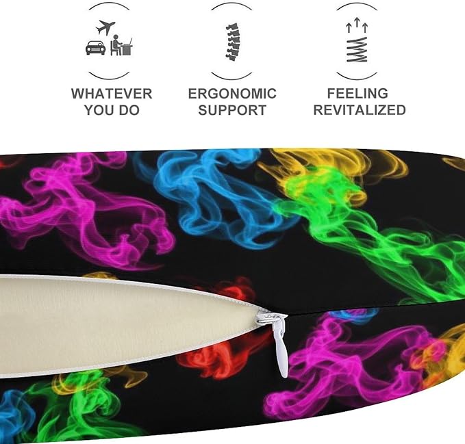 Pain Relief Travel Pillow Memory Foam Chin Support Colorful Smoke Black, Breathable Washable Cover for Airplane Car Office