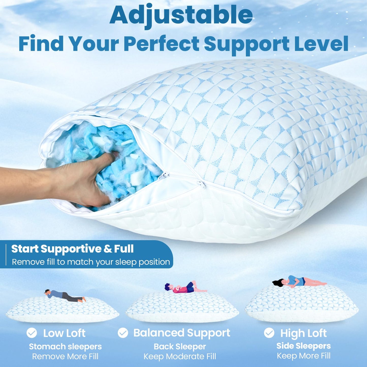 QUTOOL Firm Pillow Shredded Memory Foam, Cooling Pillow for Hot Sleeper, Adjustable Bed Pillow for Side Back Stomach Sleepers, Washable Cover, CertiPUR-US Certified, King Size Set of 2