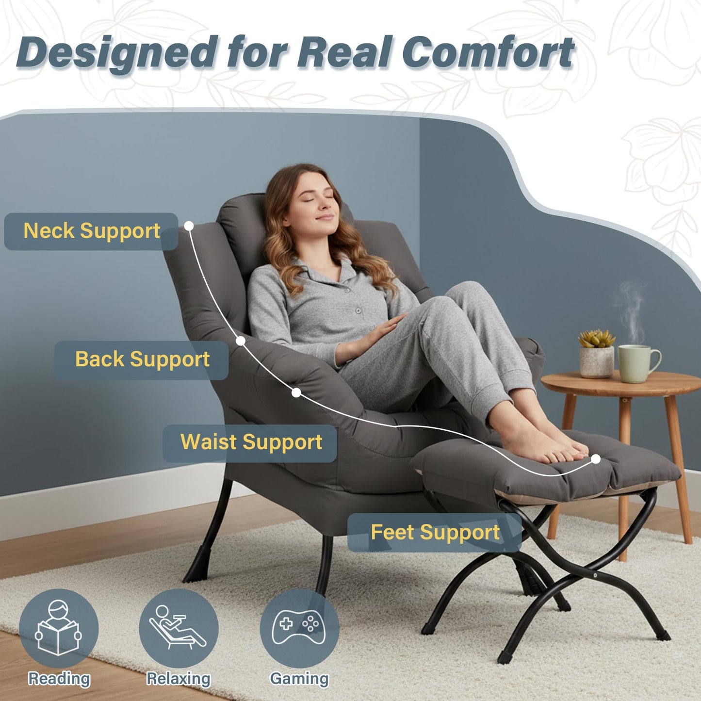 Givjoy Lazy Chair with Ottoman, Large Dark Grey Accent Chair with a Side Pocket, Modern Leisure Upholstered Sofa Reading Armchair with Footrest for Office, Bedroom, Living Room, Dorm Rooms, Balcony
