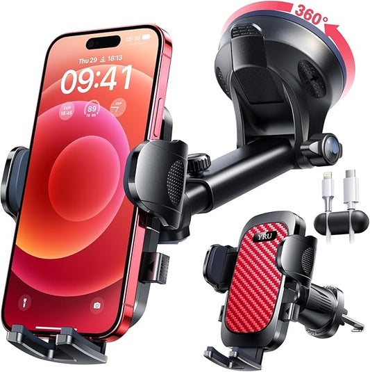 YRU True Military-Grade [360° Rotation Suction] 2026 Ultimate Car Phone Holder Mount 【90+LBS Safest Strongest & Patent Certs】 Dashboard Windshield Vent for iPhone 17 16 Pro Max Samsung, Red