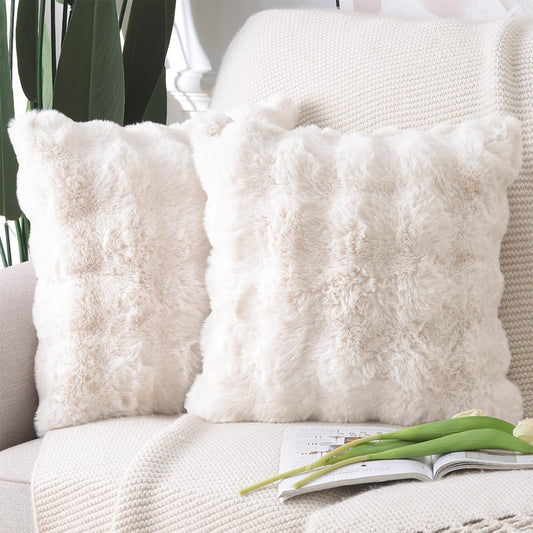 MADIZZ Pack of 2 Thick Plush Faux Wool Throw Pillow Covers Soft Boho Throw Pillows Luxurious Cushion Covers for Couch Sofa Bedroom Living Room Home Decor 18x18 Inch Cream