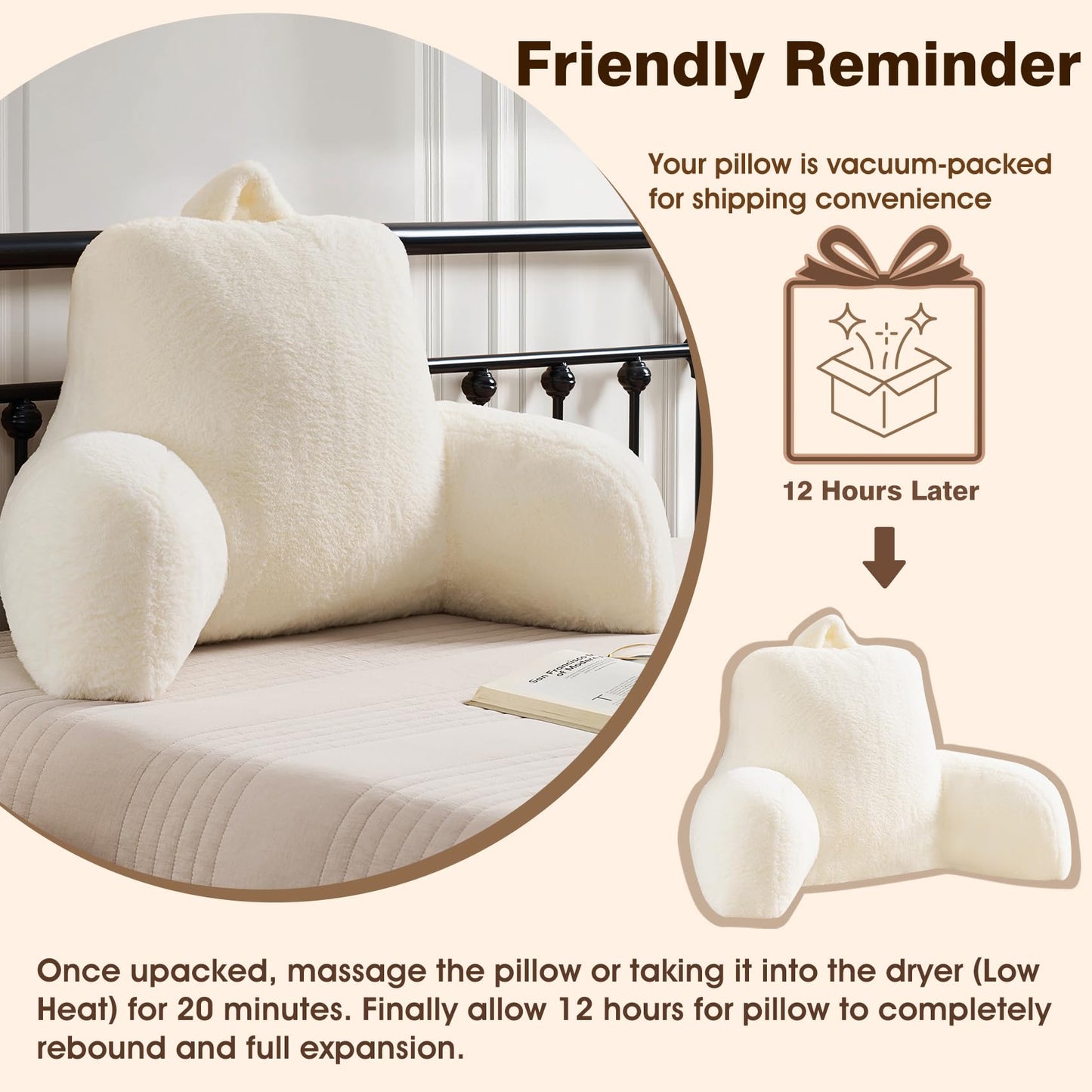Jillche Bed Faux Fur Reading Pillow for Bed/Couch/Floor/Dorm, Great Cozy Back Pillow for Bed Sitting Up, Fluffy Fur Bed Pillow for Sitting Up for Adults/Teens/Kids, Upgrade Back Support Pillow, Ivory