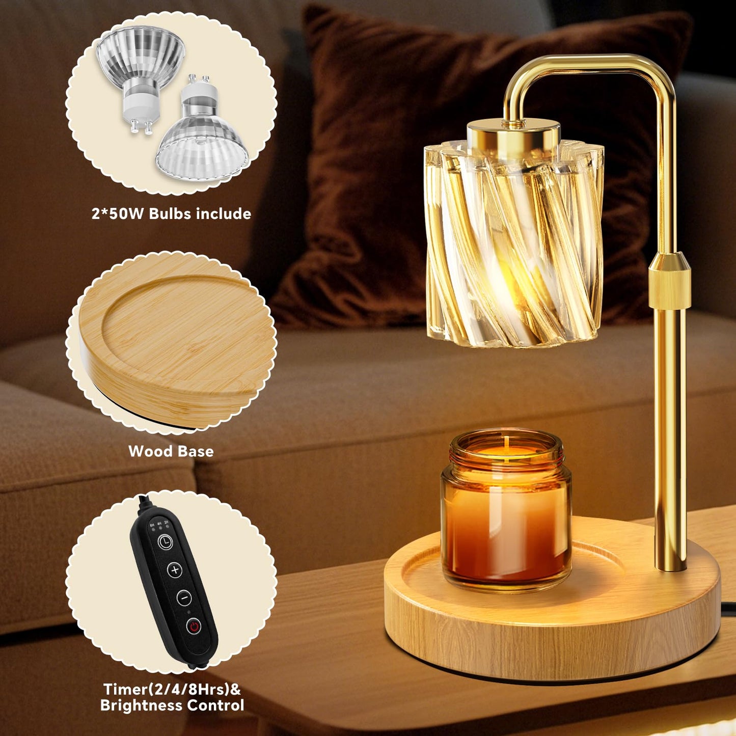WarmEmbrace Candle Warmer Lamp with Adjustable Height& & Timer Dimmable Light, Gifts for Mom Women, House Warming Gifts New Home Bedroom Decor, Wax Melt Warmer for Jar Candles with 2 Bulbs/Gold