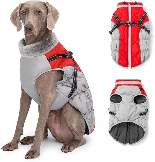Abuandi Dog Winter Coat with Harness, Dog Jacket, Pet Clothes with Zipper on Back, Waterproof Windproof Warm Vest, Reflective Cold Weather Coats, for Small Medium Large Dogs, Thick, Red, 3XL