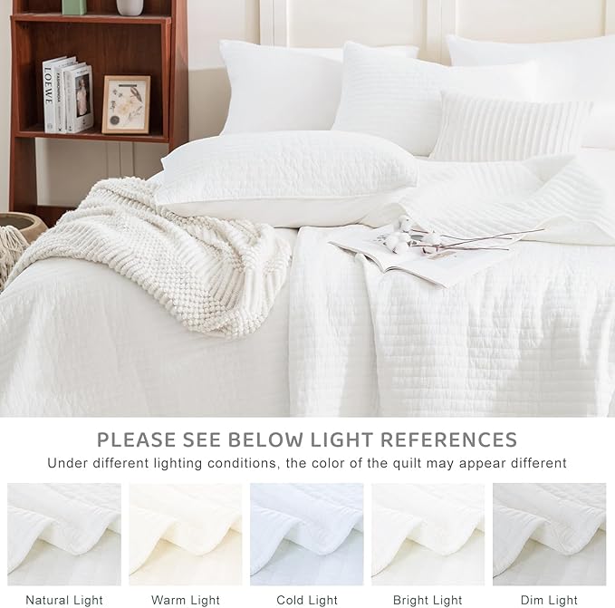 Sanracie Cotton Queen Quilt Bedding Set(90"x98") ，Ultra Soft Stonewashed Milk White Bedspread Coverlet Cross Stitch Pattern Lightweight Crinkle Quilted Bedspread Set 3Pcs for All Season