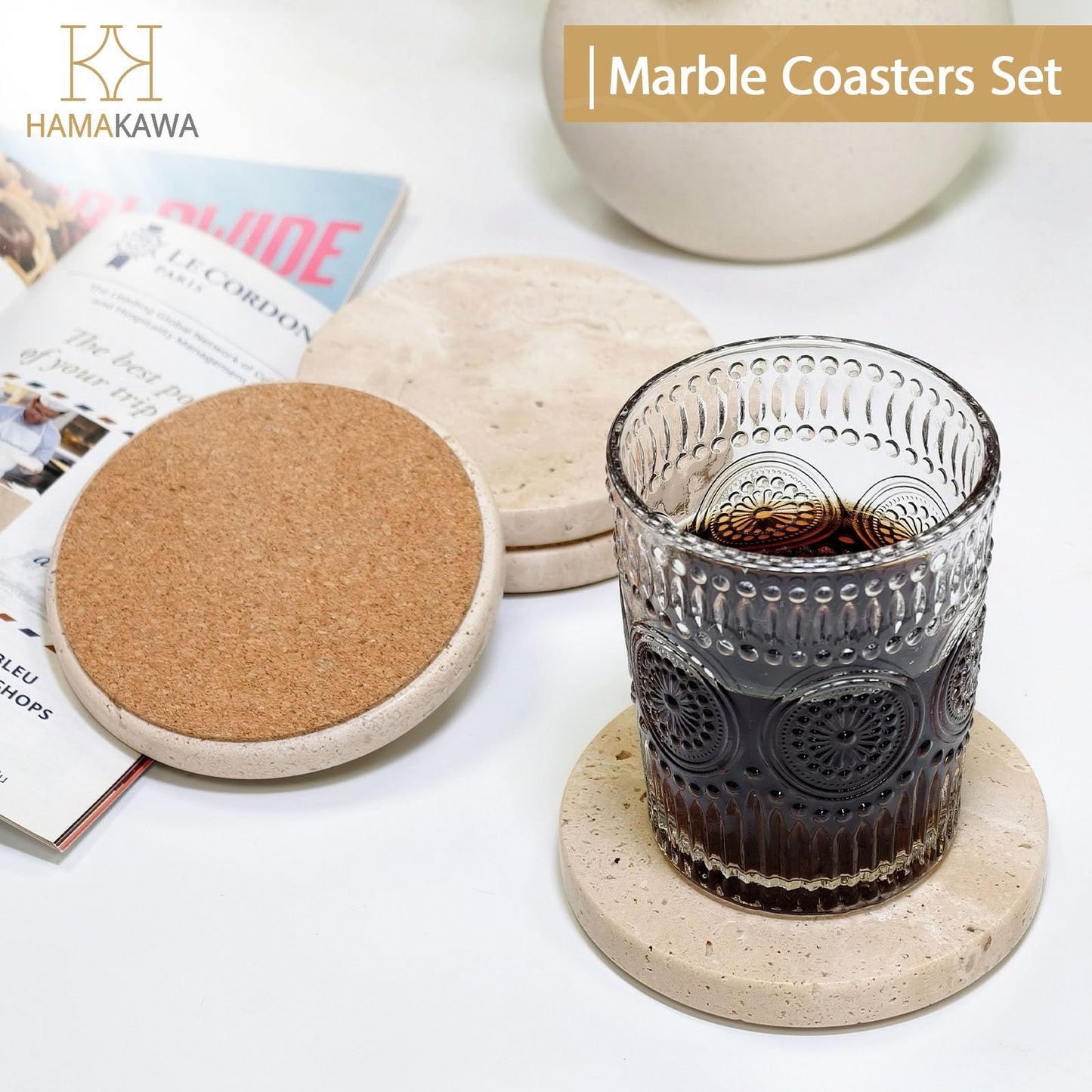 HAMAKAWA Turkish Natural Marble Coasters Set of 4, Round Travertine Coasters 4 inch, Beige Stone Drink Coaster for Home Decor, Coffee Table, Office