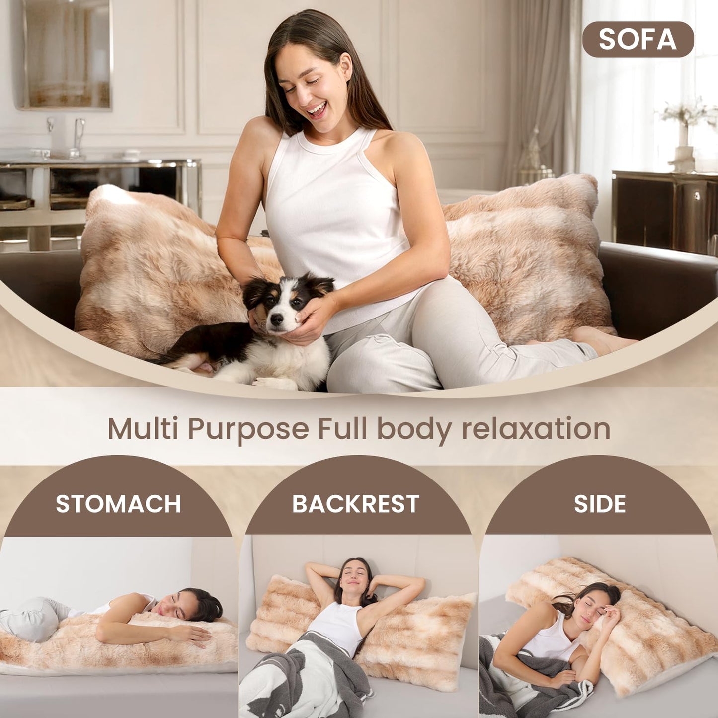 ZonLi Fluffy Body Pillow for Adults, Fuzzy Faux Fur Long Pillow with Shredded Memory Foam, Adjustable Support for Side Sleepers, Gifts, 20 x 54 Inch, Light Tan