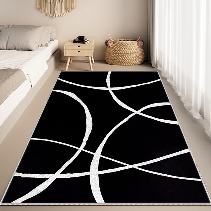 Black and White Rugs - Area Rugs 8x10, Abstract Rug, Modern Minimalist Rug, Curved Line Design Carpet, Black and White Abstract Carpet for Living Room Washable Non Slip Home Decor 8x10