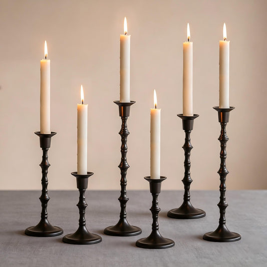 NUPTIO Candle Stick Holders for Centerpeice: Set of 6 Matte Black Taper Candlestick Holders - Bulk Antique Tall Candleholder for Easter Shabbat Table Fireplace Decor