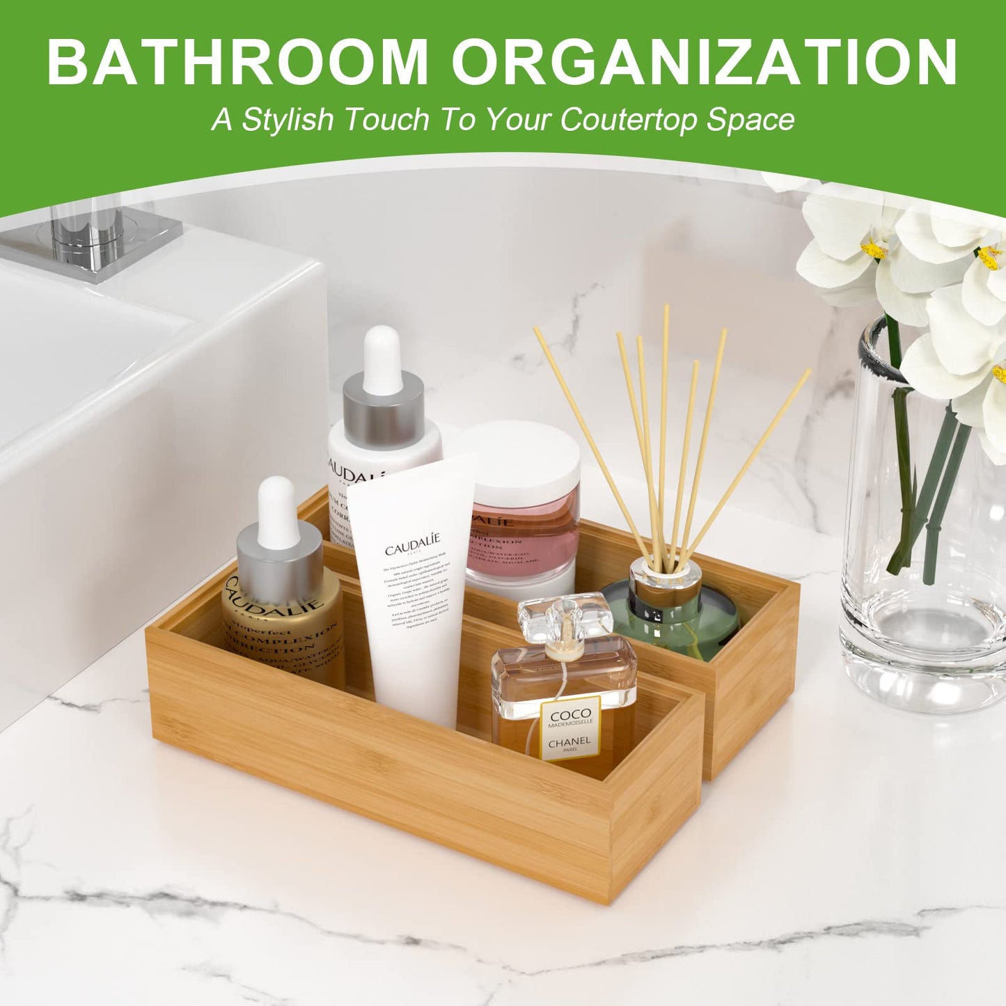 Lixple Bamboo Drawer Organizer – Set of 2 Stackable Storage Boxes, Silverware Tray & Small Gadget Holder for Kitchen Drawers, 9" x 3" x 2" (Outer), 8.3" x 2.3" x 1.77" (Inner)
