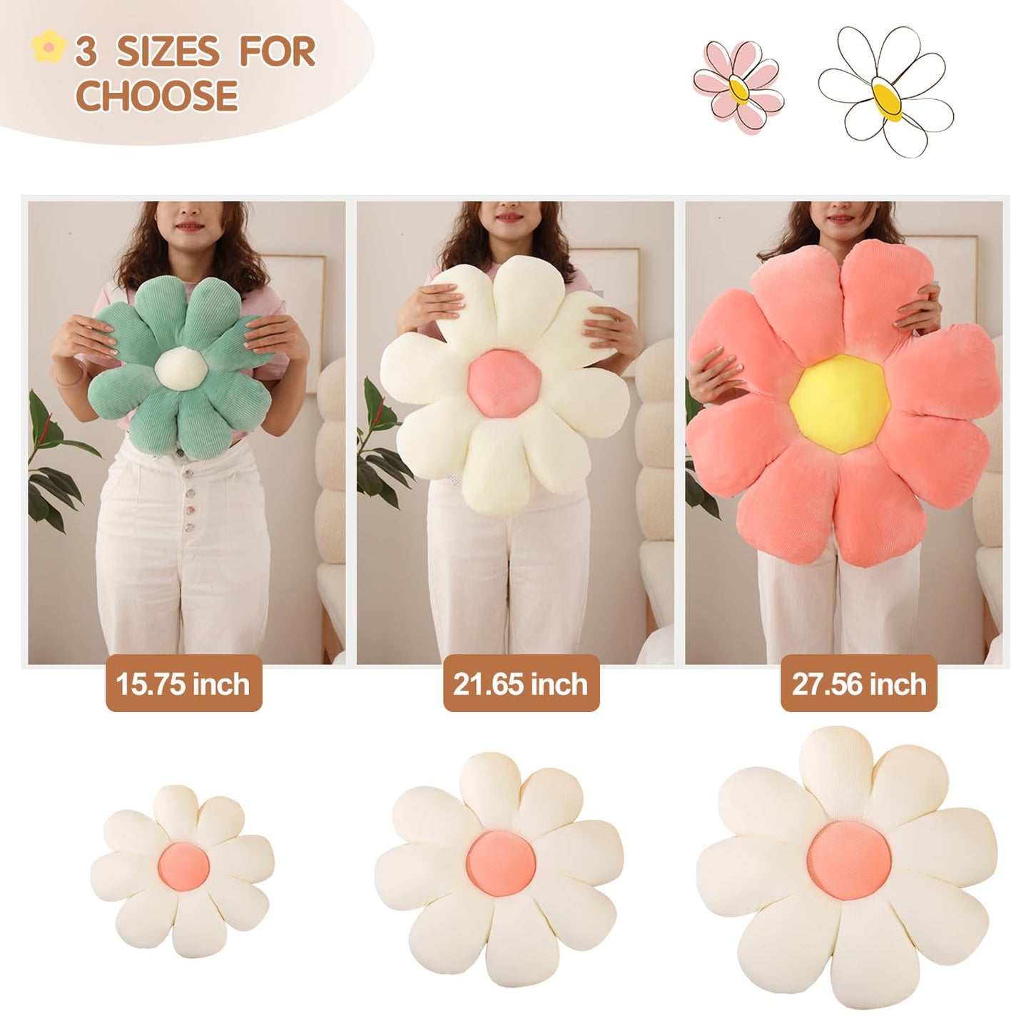 RuzRhyth Yellow Flower Pillow, Flower Shaped Throw Pillow Cute Chair Seat Cushion for Bedroom and Living Room Décor (27.56", Yellow)