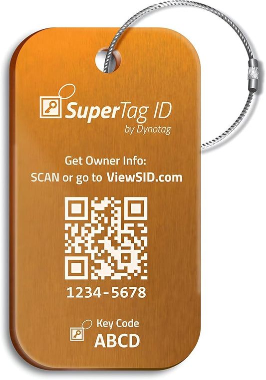 Dynotag® Sentry Series Solid Metal Web Enabled Smart Luggage Tag ID + Steel Loop, Anodized Aluminum with DynoIQ™ & Lifetime Recovery Service (Frost Gold)