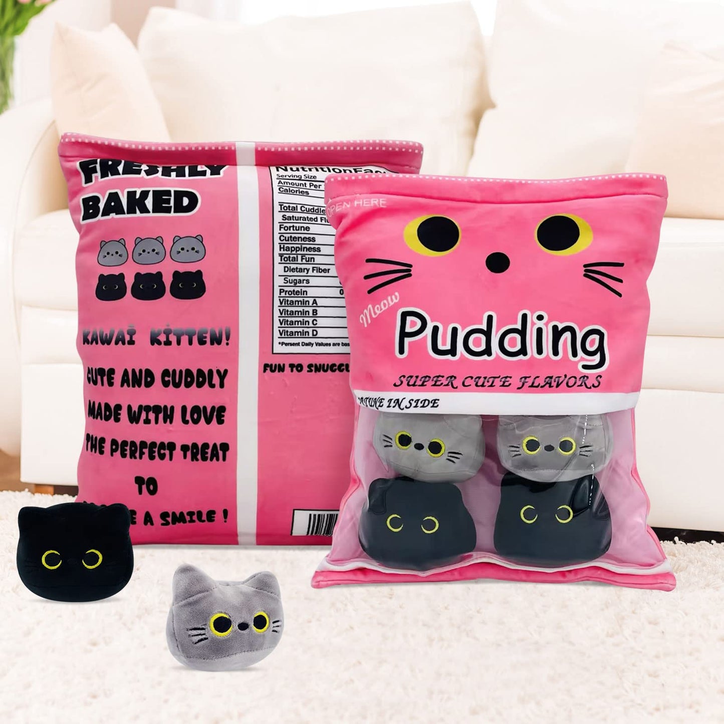 Cute Black Cat Plush Toy, Removable Stuffed Animal Plush Dolls, Soft Cute Gray Cat Plush Pillow Throw Pillow Home Decoration Gift for Kids Girls (6pcs a Bag, Pink)