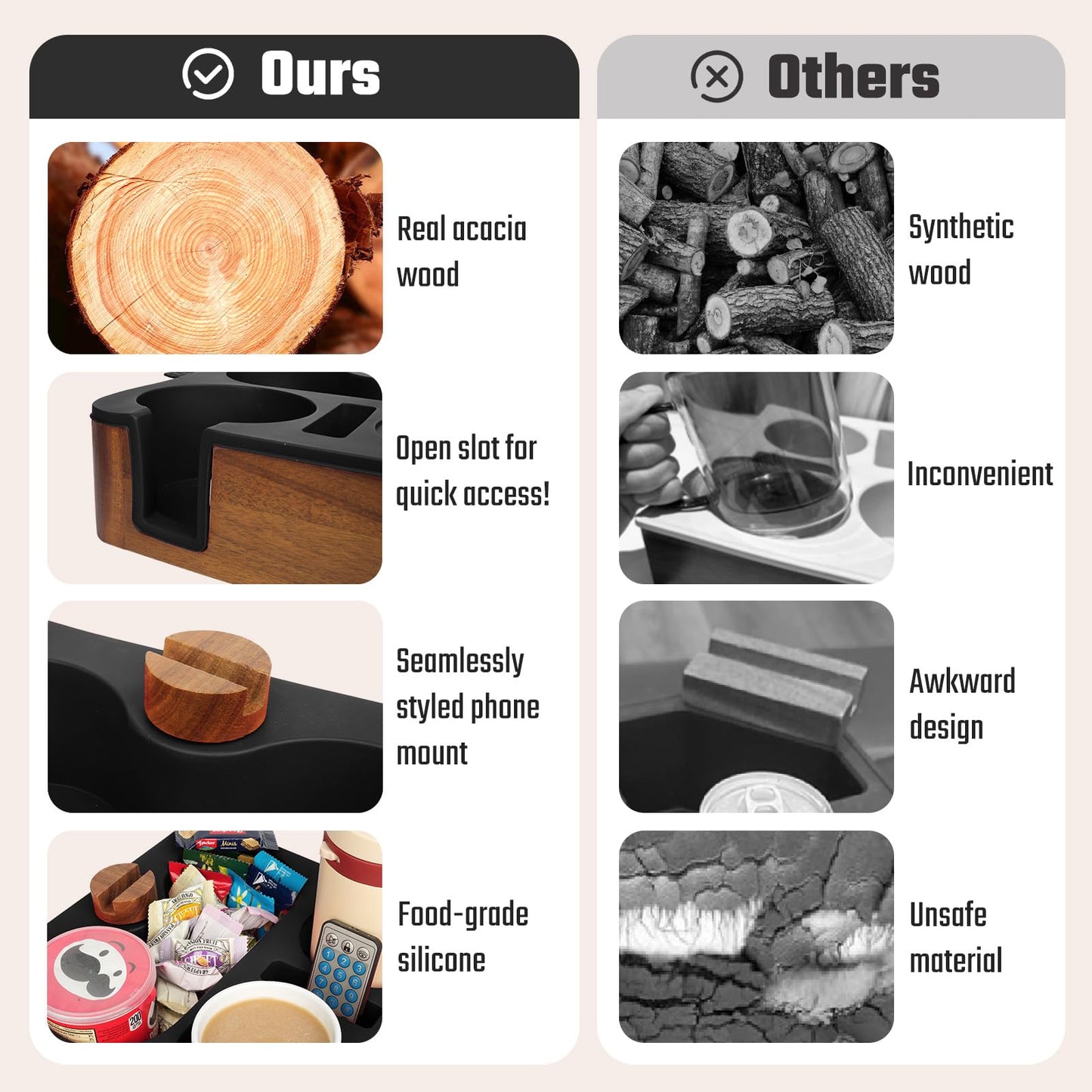 Couch Buddy Couch Cup Holder Tray, Real Acacia Wooden Caddy with Soft Silicone, Snack and Drink Organizer- Perfect Movie Night Accessories for Bed, Remote and Cup Holders for Sofa (Black)