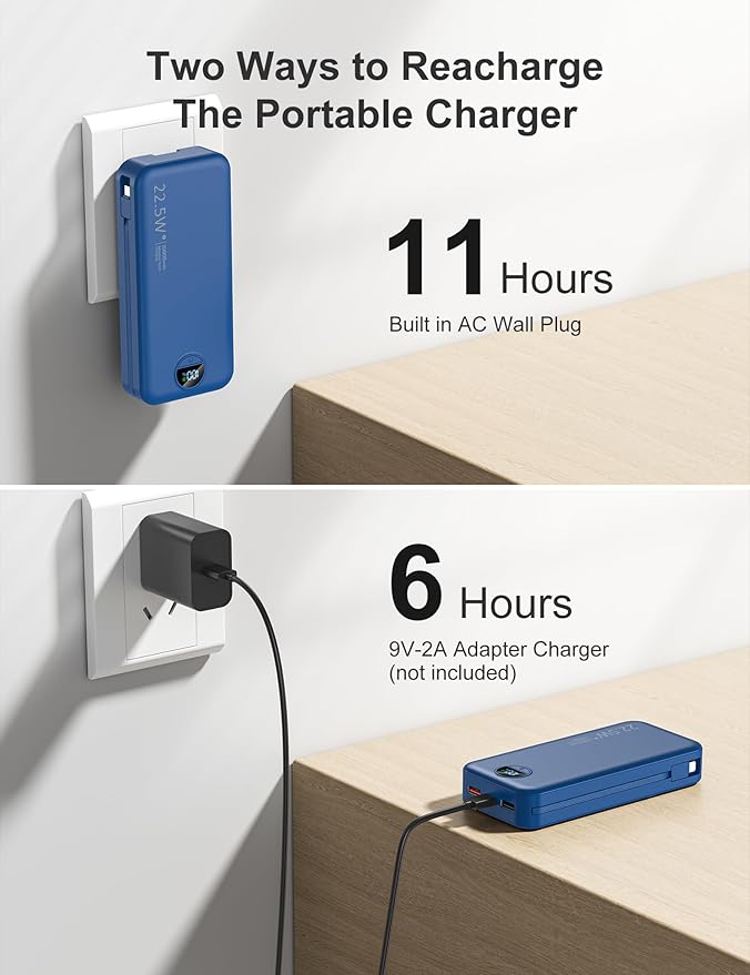 20000mAh Ultra-Portable-Charger-Power-Bank PD20W with Built in Cables&AC Wall Plug,Fast Charging Cell Phone Charger Battery Pack,LED Display Travel Battery Bank for All iPhone,Samsung,Android