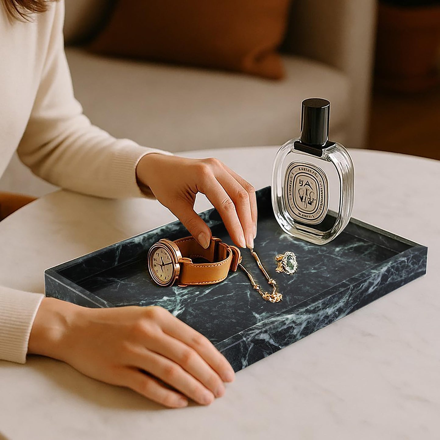 Koville Natural Marble Tray, Coffee Table Vanity/Decorative Tray for Jewerly, Watch, Perfume Candle Storage for Bedroom/Bathroom/Kitchen Countertop