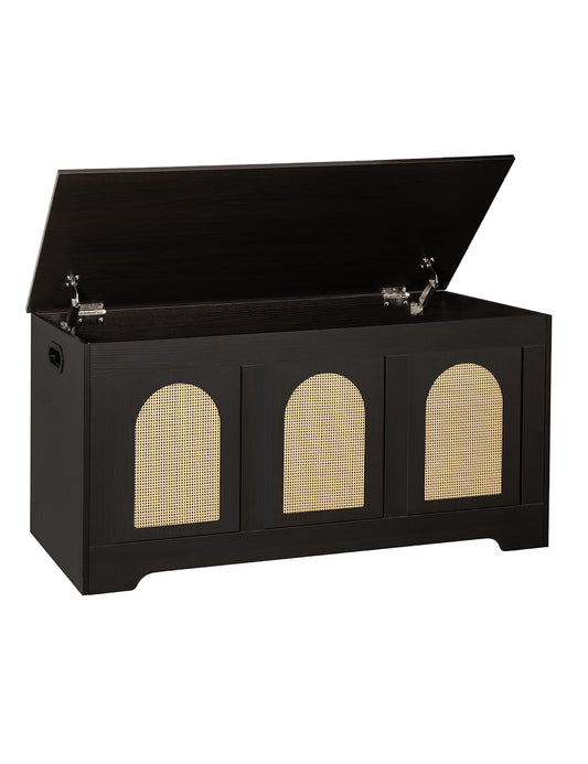 DINZI LVJ Storage Chest, 39.4" Rattan-Like Storage Box with 2 Safety Hinges, Wooden Entryway Shoe Bench with Flip-Top, Bedroom, Easy Assembly, Espresso and Natural