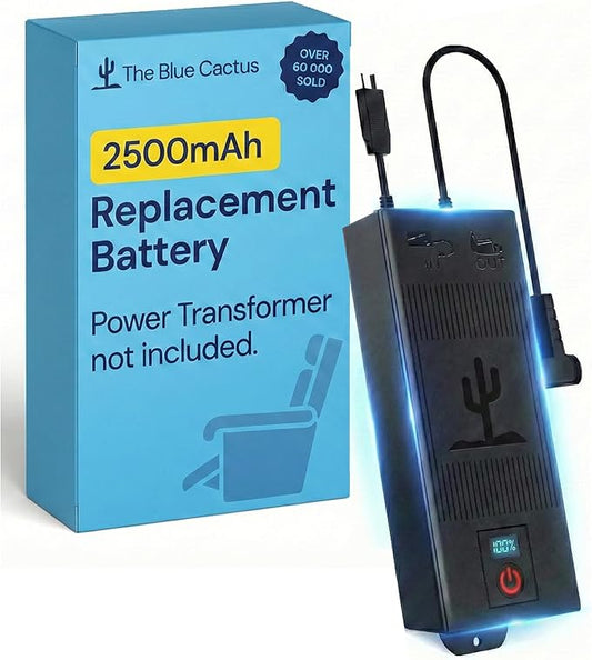 The Blue Cactus Company Battery Pack for Reclining Furniture - 2500mAh, 2-Pin Connector - LCD Display for Recliner Chair - Portable Power Supply - Cord-Free Floors