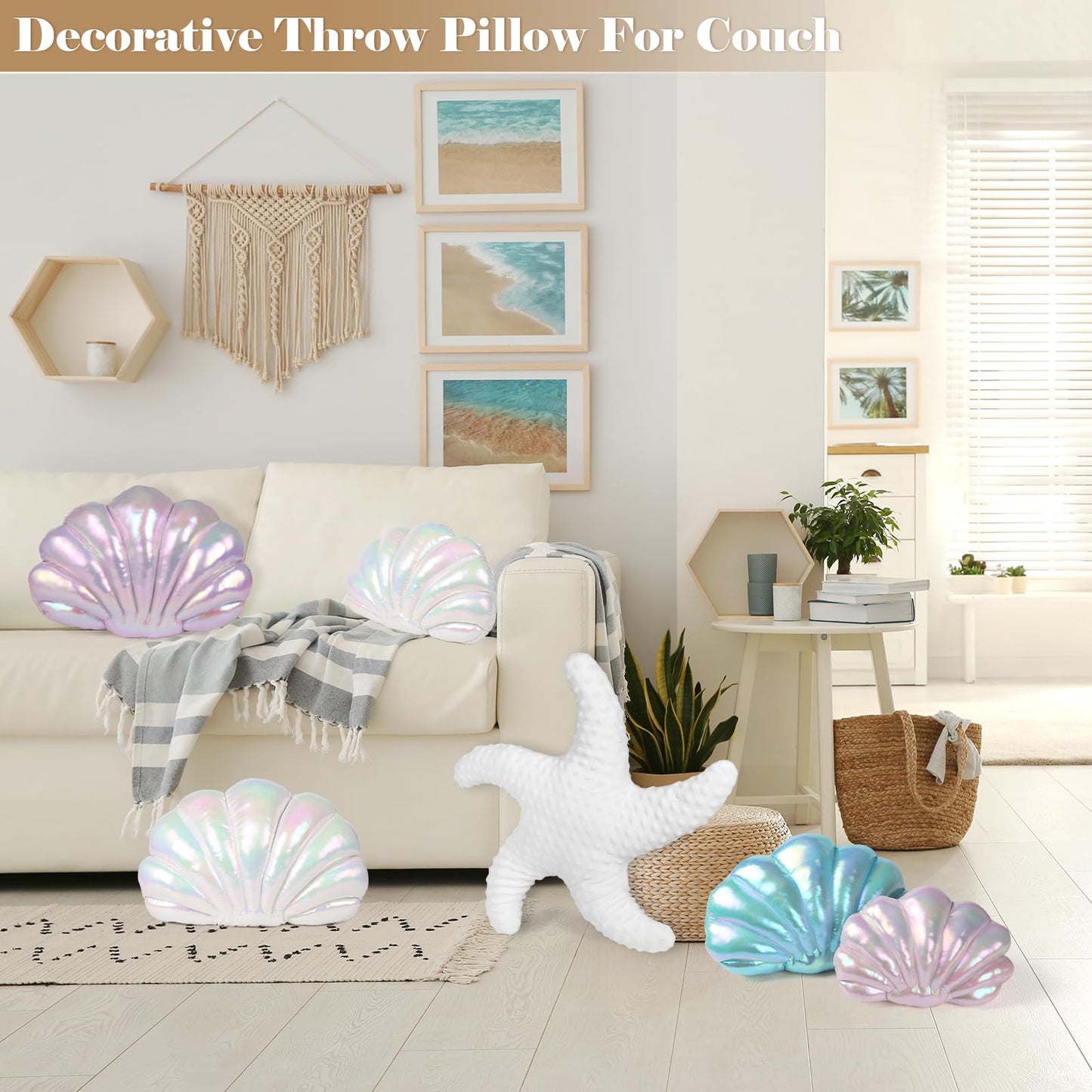 Marble Empire Seashell Pillow - Holographic Iridescent Foil Fabric Throw Pillow for Couch, Coastal Beach Theme Decor, Ocean Themed Bedroom Living Room Accent Pillow（Pink,14×11''）
