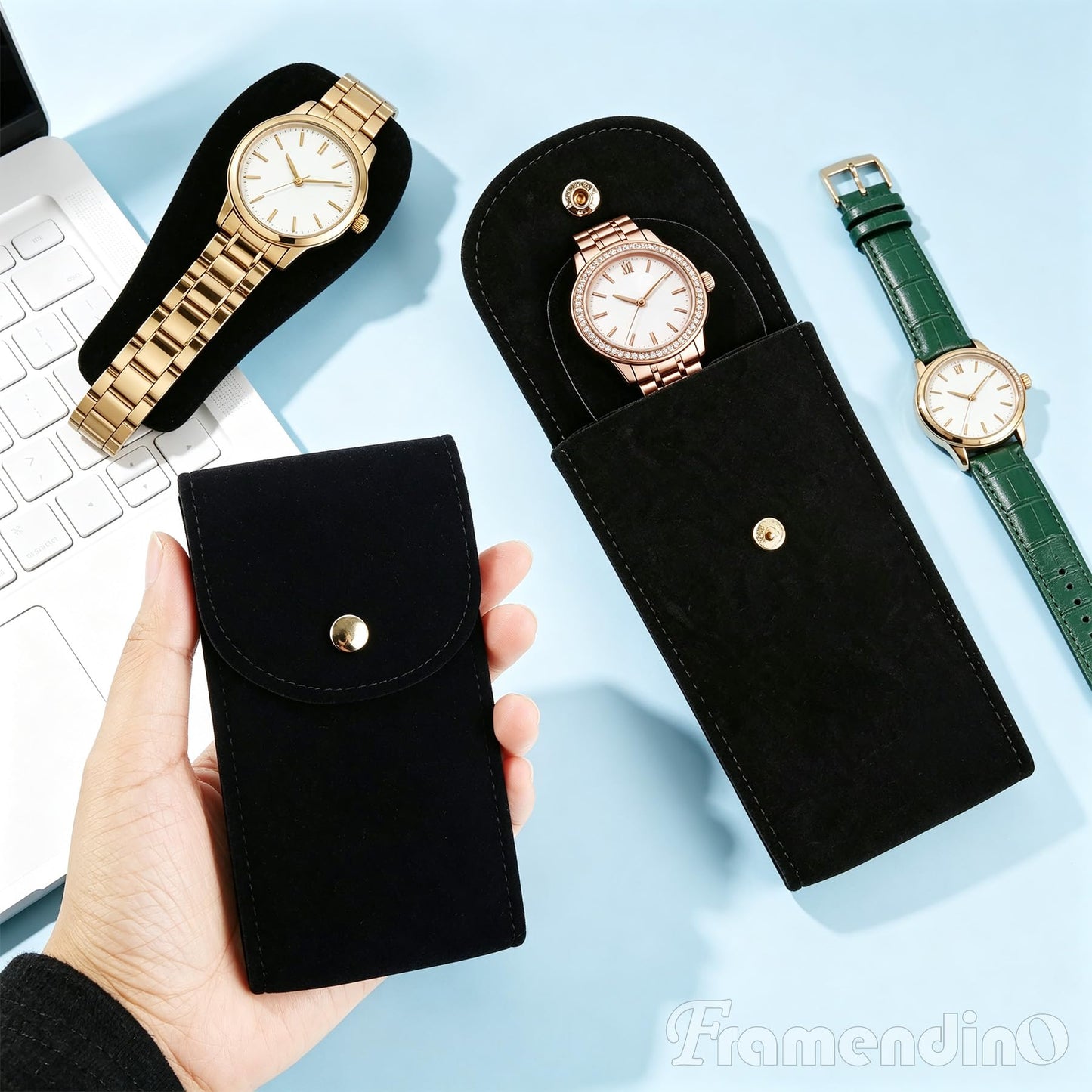 Framendino, 6 Pack Velvet Watch Pouch Portable Travel Case for Men Women Storage Bag Organizer Protective Box Black