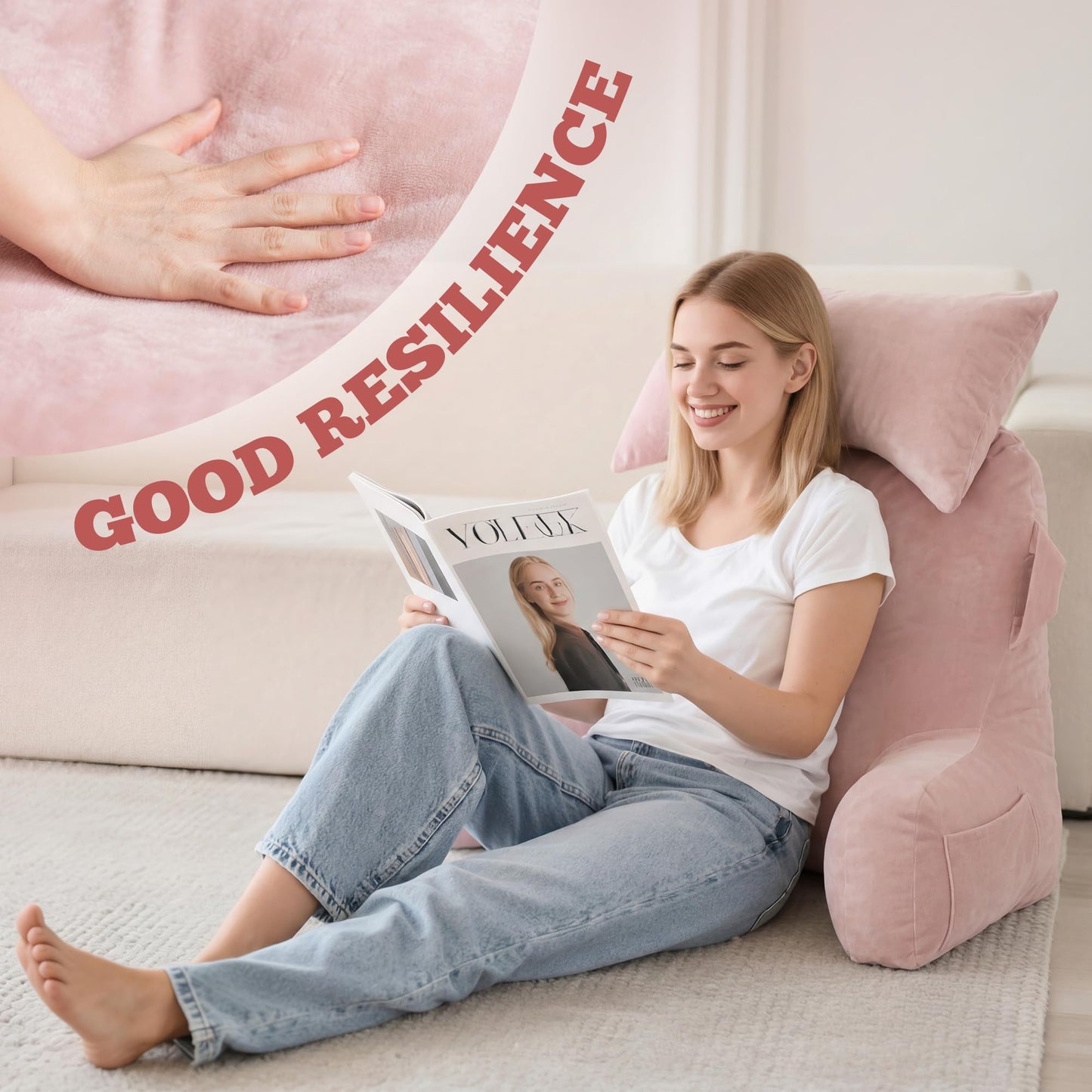 Unisakey Portable Reading Pillows with Headrest for Bed Sitting Up(Pink Oeko-Tex), Velvet Back Pillow with Arms & Pockets for Adults, Support Memory Foam Bed Pillow for Dorm/Reading/Watching/Gaming
