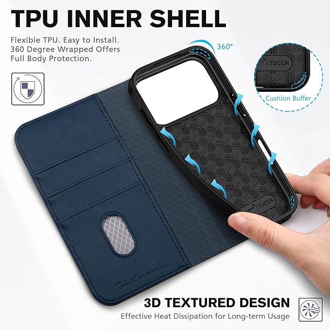 TUCCH Case Wallet for iPhone 17 Pro (6.3-Inch) 2025, 3 Card Slots | Kickstand | RFID Blocking | PU Leather | Protective Flip Folio Cover | TPU Shockproof Interior Shell | Deep Blue