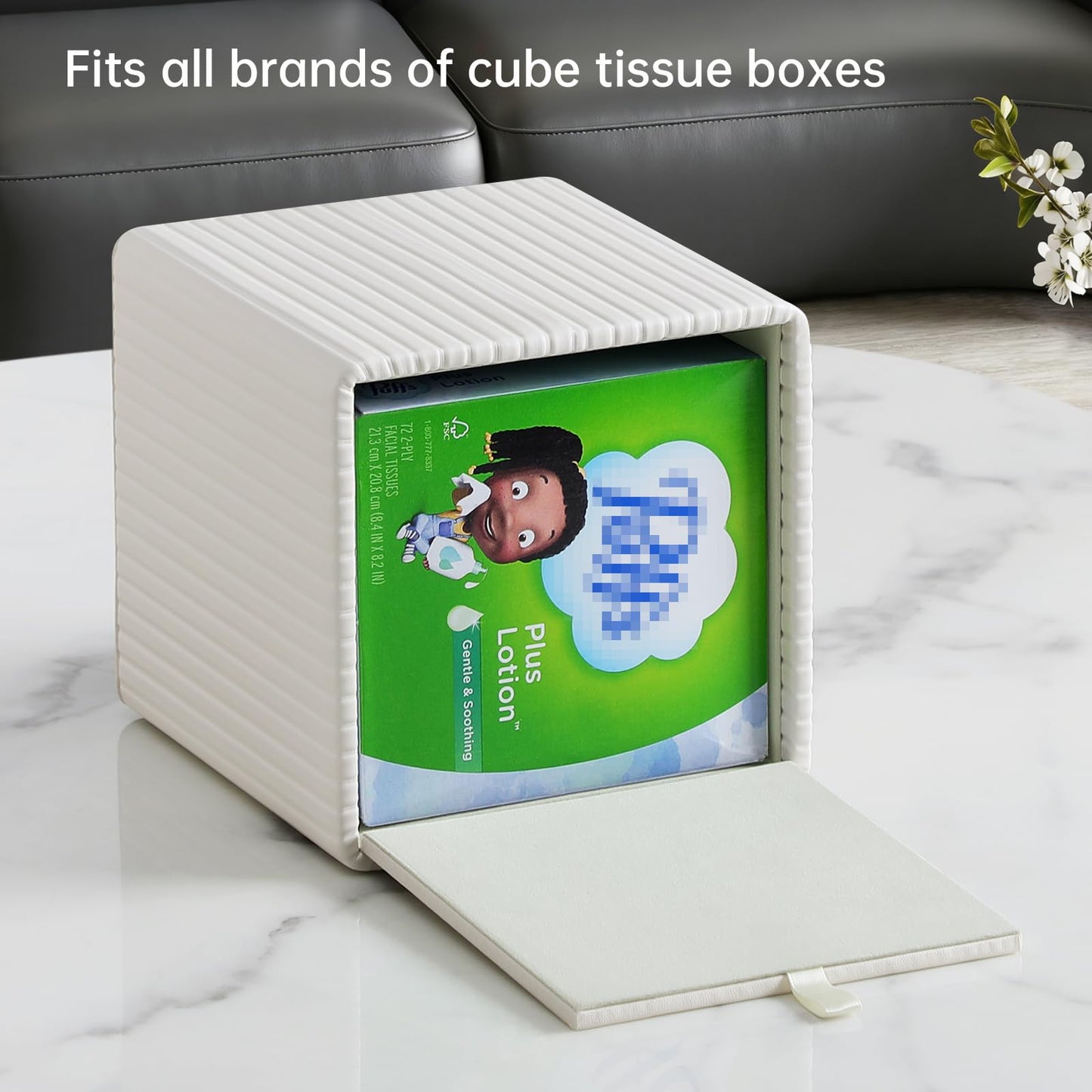 MEIBOOCH PU Leather Tissue Box Cover Square Tissue Box Holder with Magnetic Closure (Ivory)