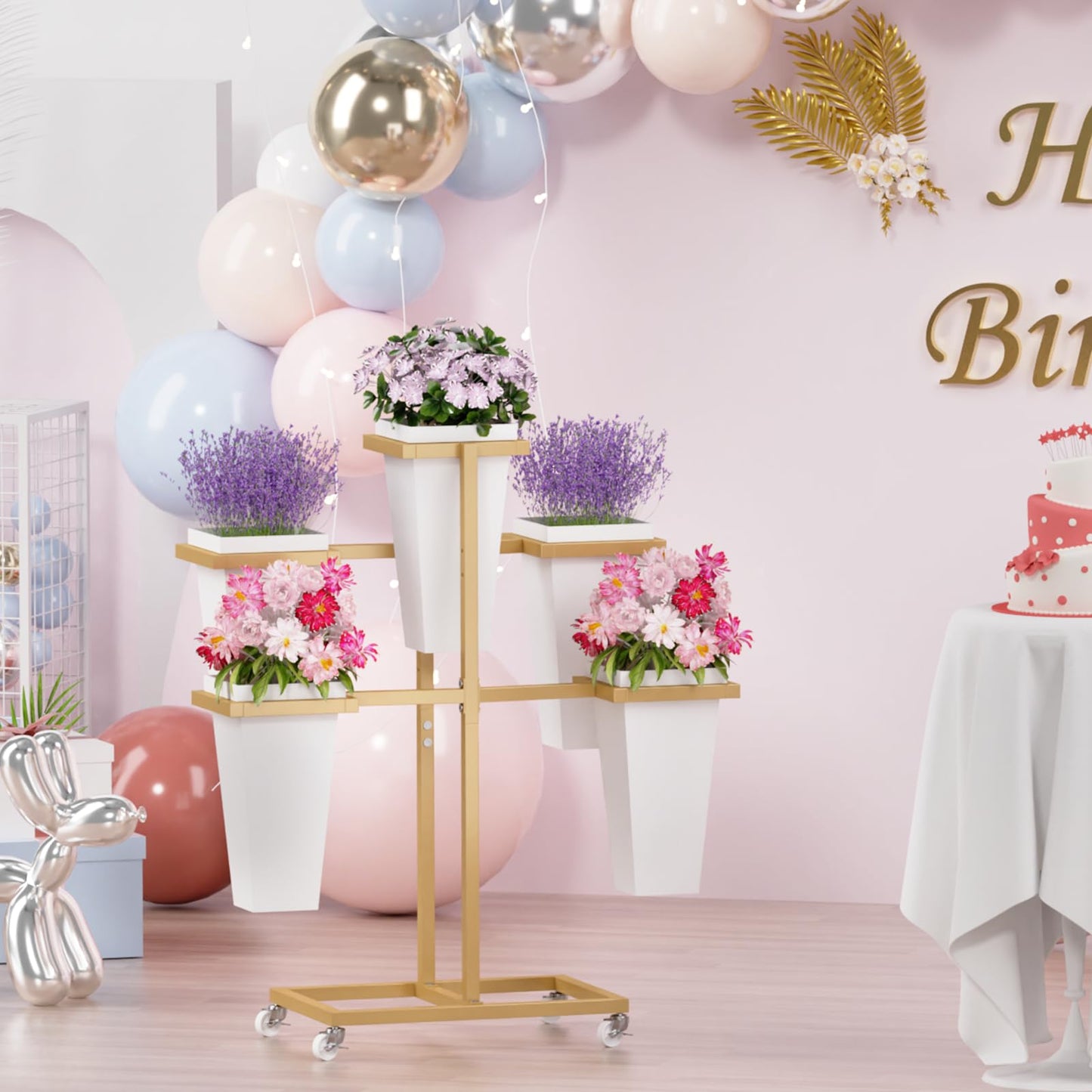 MILEFA Flower bar Stand with Buckets, Moving Flower Display Stand with Wheels, Metal Flower Cart for Bridal Shower. Wedding, Party, Garden, Gold