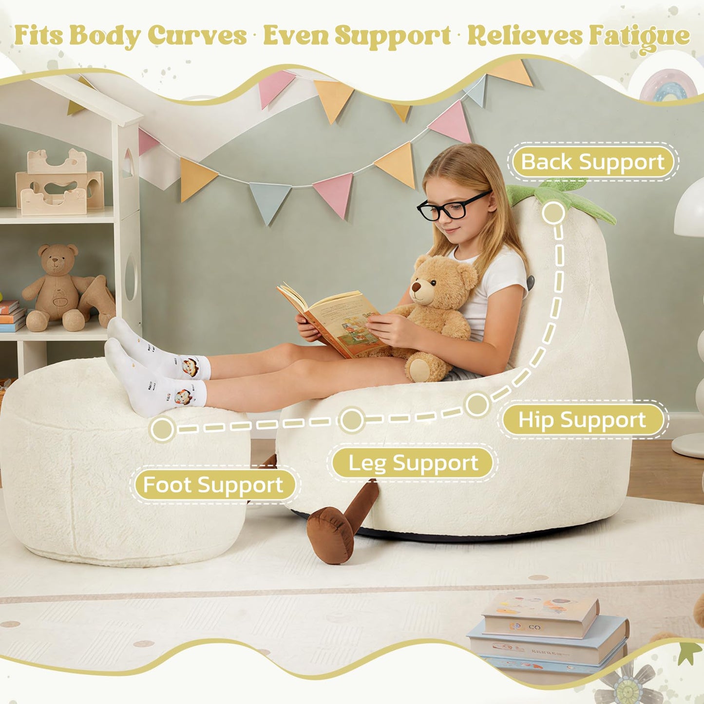 2.5FT Memory Foam Bean Bag Chair - Ultra Soft Faux Rabbit Fur Round Sofa with Handle & Machine Washable Cover, Comfy Lazy Chair for Kids Teens, Perfect for Reading Gaming in Living Room Bedroom，Beige