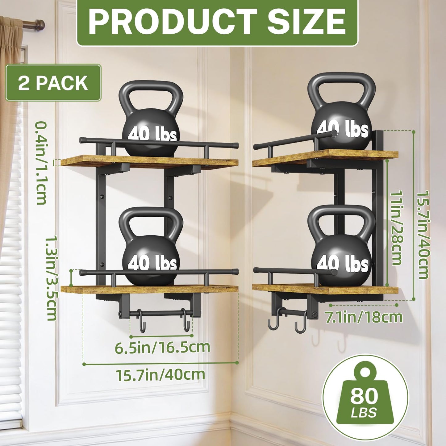 iDavosic.ly Wall Plant Holder Set of 2, 2 Tier Indoor Floating Shelves with 4 Hooks for Hanging Plants, Wall Mounted Space Saving Display Stand for Living Room Bedroom (Pots/Chains Not Included)