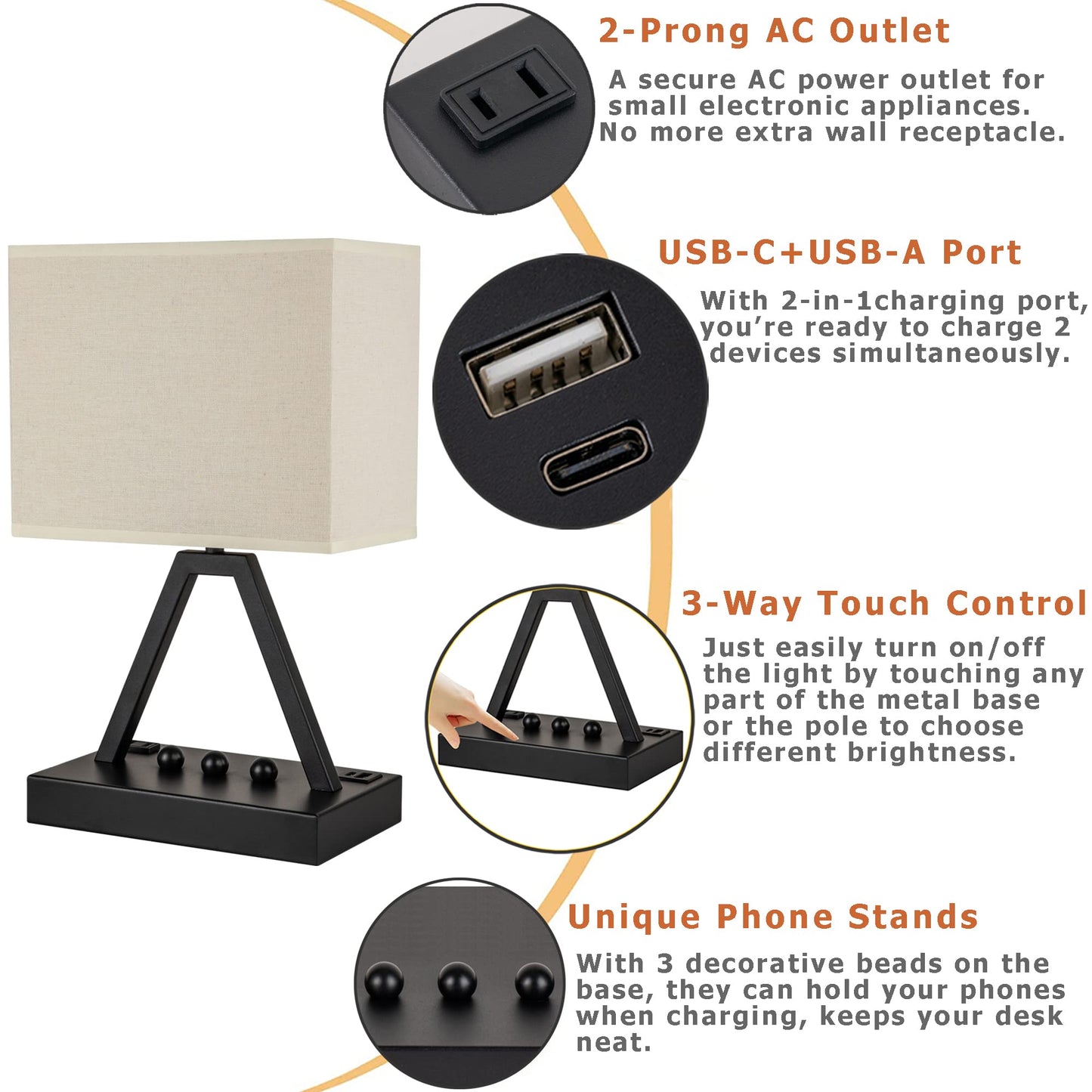 Briever Touch Control Table Lamp, 3-Way Dimmable Desk Lamp with USB C & USB A and AC Outlet, Bedside Lamps with Phone Stands for Bedroom, Living Room, Office, LED Bulb Included, Black