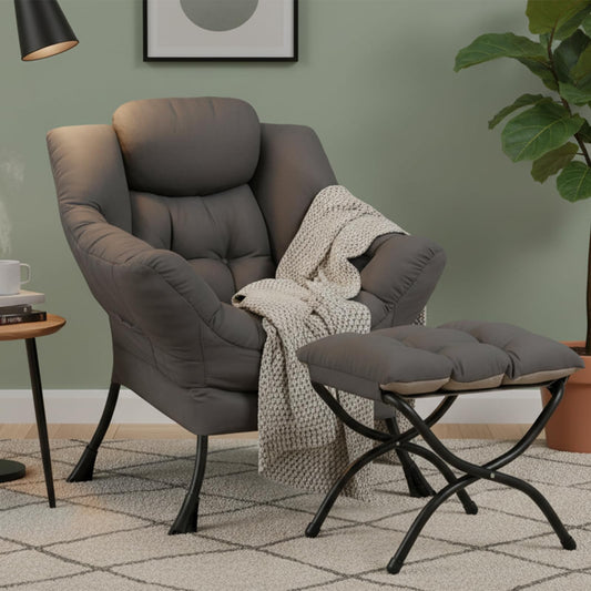 MBOOYOME Lazy Chair with Ottoman, Modern Accent Lounge Armchair with Armrests and a Side Pocket & Foldable Footstool, Leisure Reading Chair for Living Room, Bedroom, Dorm & Office, Dark Grey