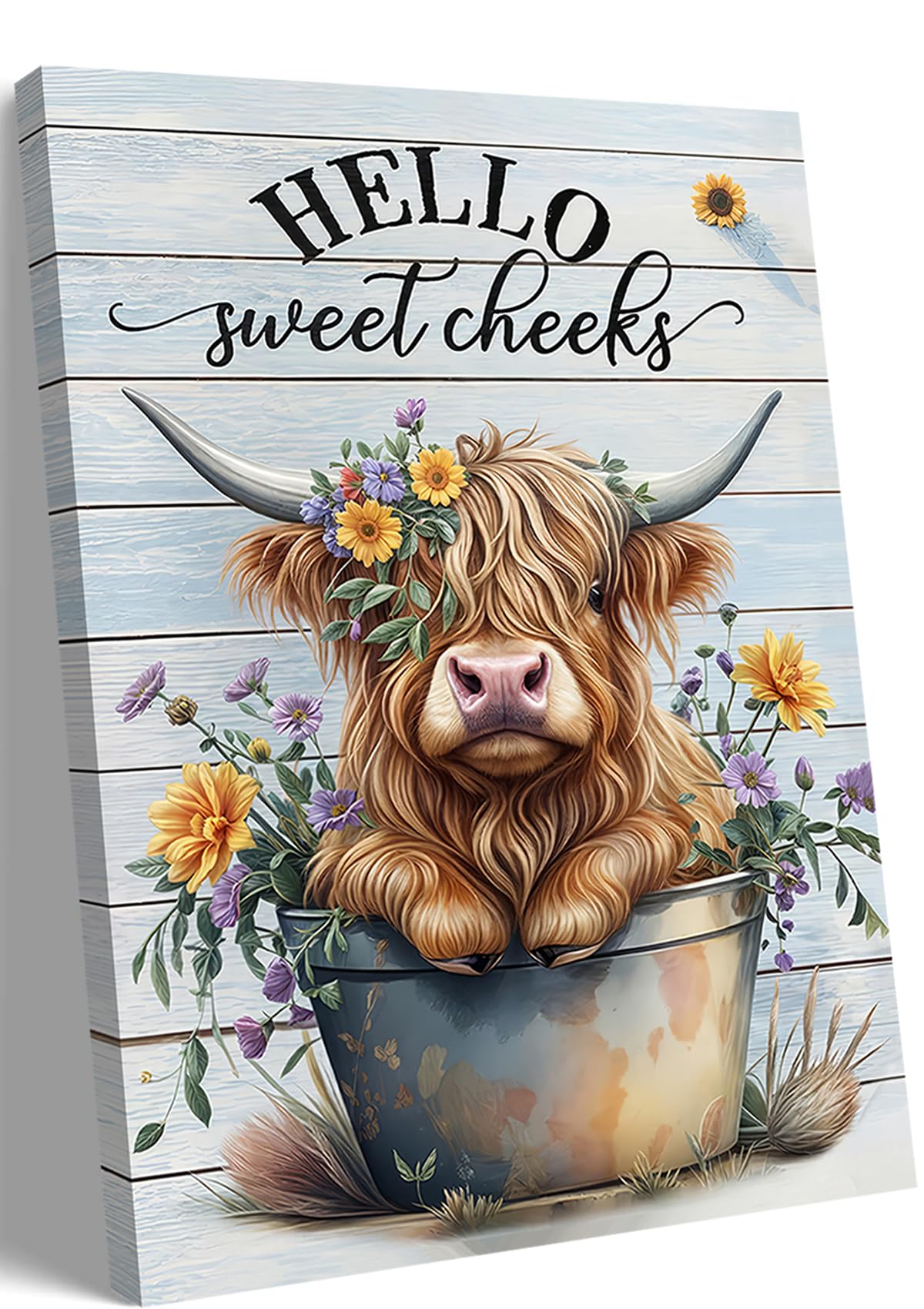 Funny Highland Cow Bathroom Canvas Wall Art Farmhouse Cute Cow Wall Decor Painting Picture Colour Flowers Highland Cattle Poster Print Animal Artwork for Bathroom Restroom Bedroom Decoration 12x16in