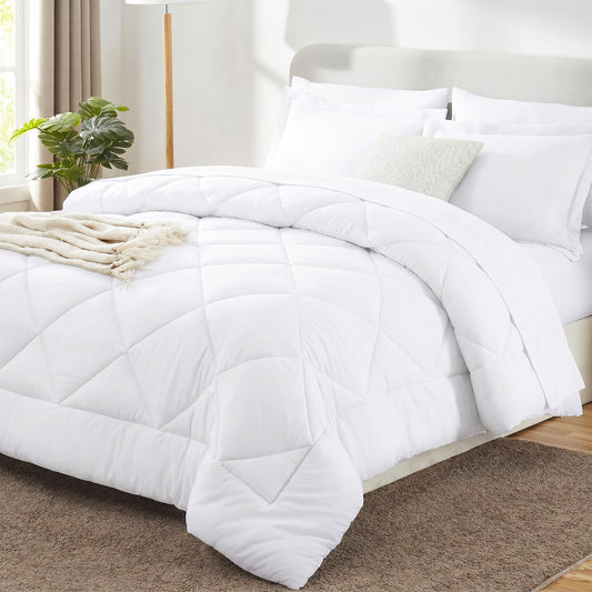 CozyLux Queen Comforter Set White - Bed in a Bag Queen Size 7 Pieces, Luxury Soft Bed Set for All Seasons, Bedding Set with Down Alternative Comforter, Sheets, Pillowcases & Shams
