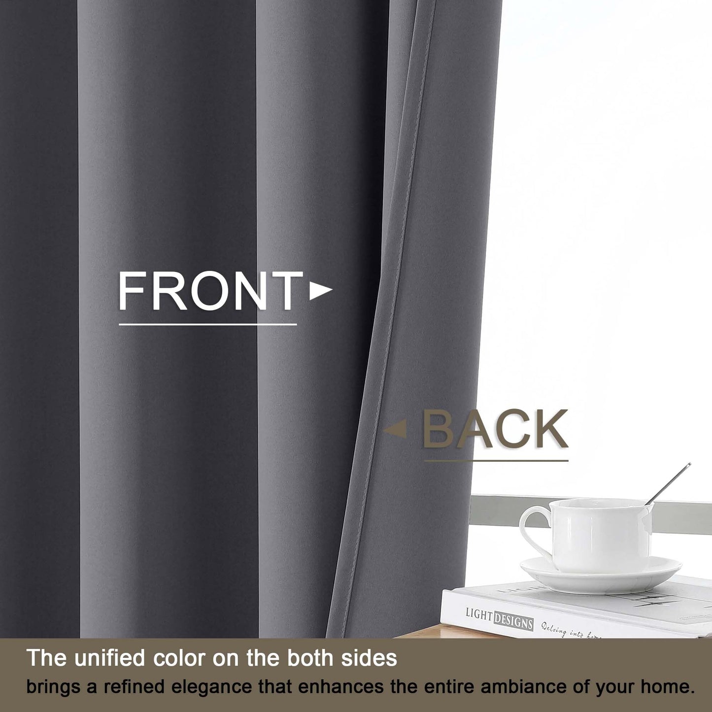 Ebesto 100% Blackout Curtains for Bedroom - Solid Thick Fabric Grommet Thermal Blackout Curtains, Charcoal Grey Window Drapes for Living Room, Noise Reduction, 2 Panels, 2x52Wx90L Inches
